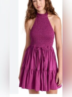 SWF Shirred Halterneck Mini Dress XS Magenta Open Back Cotton Tiered Boho